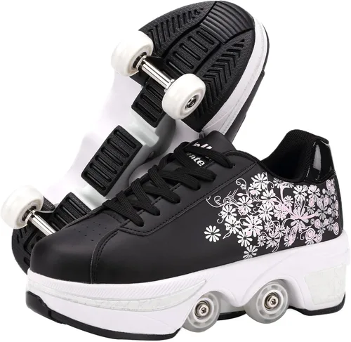 Vista 11 de Zapatillas de Patines de Ruedas para Niñas, Niños, Mujeres, Hombres, Zapatos de Patinaje de Doble Fila, Zapatillas con Ruedas Retráctiles, Patines