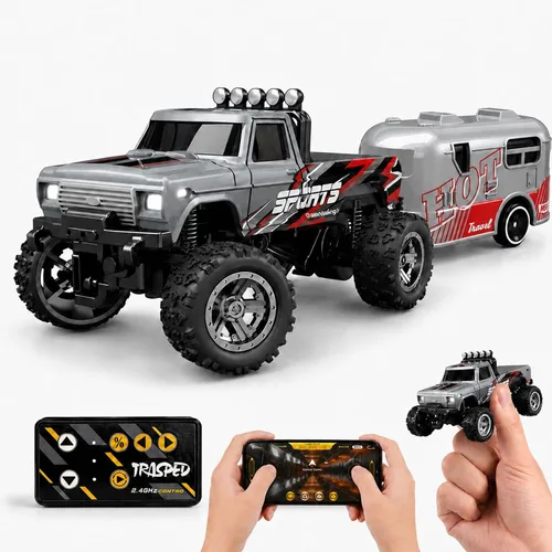 Vista 10 de Mini camión monstruo de control remoto a escala 1:64 con remolque 2.4 GHz y control dual de aplicación, mini auto RC de aleación con luces LED Azul