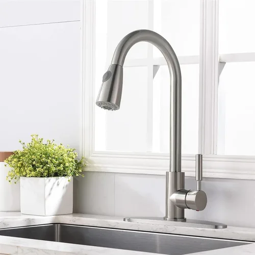 Vista 9 de Comllen Grifo de cocina con rociador extraíble, grifos de cocina de acero inoxidable de níquel cepillado, grifo comercial de arco alto de una sola