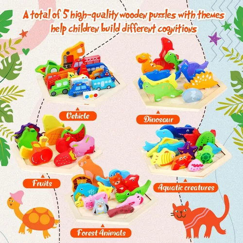 Vista 2 de Paquete de 5 rompecabezas de madera Tangram para niños, rompecabezas hexagonal de madera, bloques de rompecabezas con formas geométricas