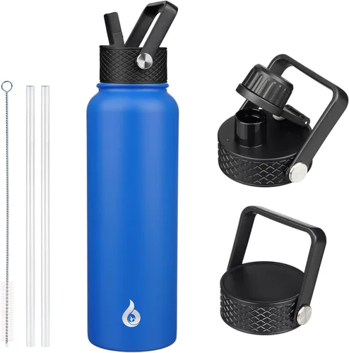 Vista 23 de BJPKPK Botellas de Agua Aisladas con Tapa de Pajita, Botella de Agua de Acero Inoxidable de 18oz, Termo Frío Caliente con 3 Tapas, Vaso de Viaje a