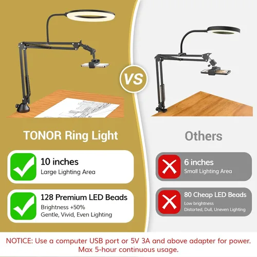 Vista 10 de TONOR Kit de luz de anillo superior, luz de anillo de 10 pulgadas con brazo de pluma Heayy Duty y soporte para teléfono, ángulo ajustable, adecuado