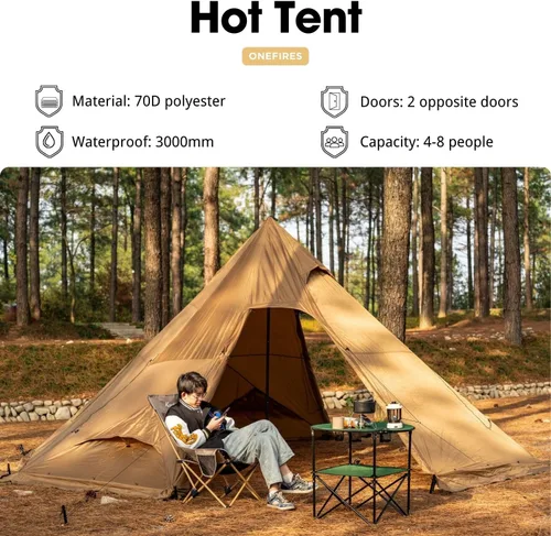 Vista 4 de Tienda Caliente con Toma para Estufa Onefires Tienda de Campaña Grande Tipo Tipi para Acampar en Familia al Aire Libre 4-8 Personas with Stove Jack