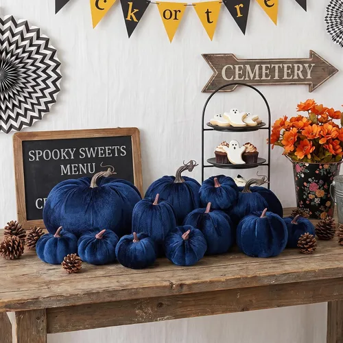 Vista 4 de Gresorth 12 calabazas artificiales de terciopelo grandes, decoración de Azul
