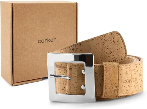 Vista 4 de Corkor Cinturón de corcho para mujer, cuero vegano, cinturón ajustable, cinturón de gran tamaño, negro, 1.57 pulgadas de ancho