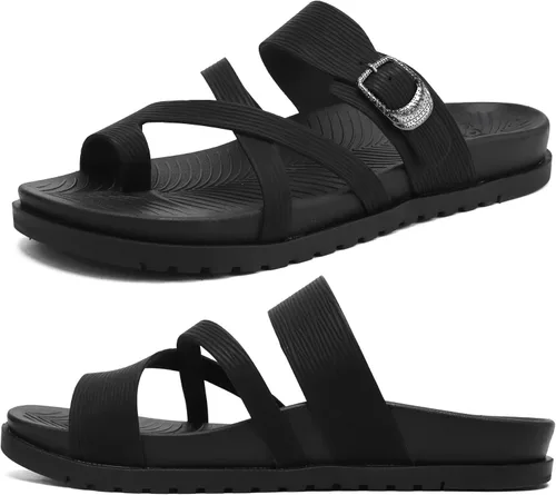 Vista 9 de KuaiLu - Sandalias ortopédicas para mujer con cómodo soporte de arco y amortiguación de tapete de yoga, sandalias planas de moda de verano de playa