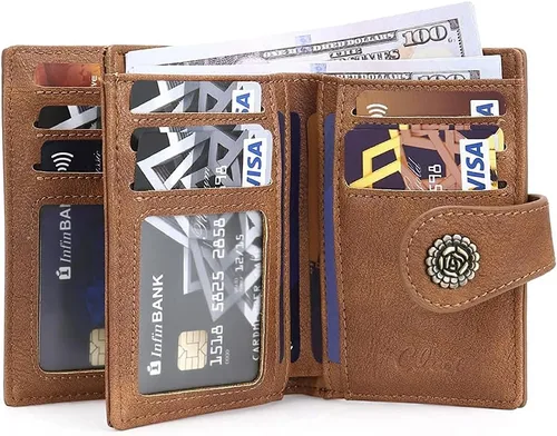 Vista 8 de CLUCI Billeteras pequeñas para mujer, con bloqueo RFID, de cuero, triple, compactas, con ventana de identificación, monedero con cremallera