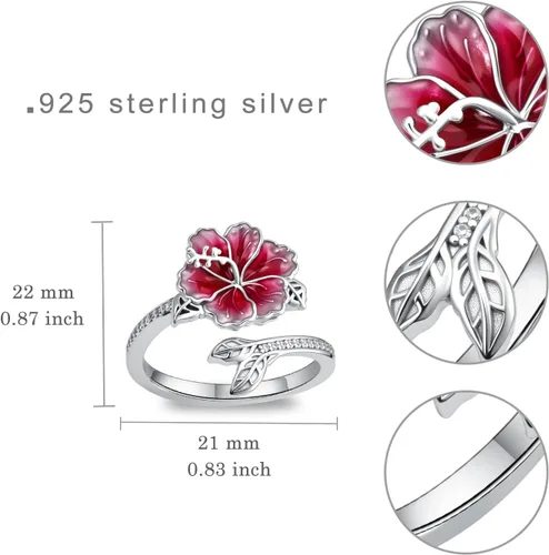 Vista 4 de Anillo de hibisco Anillo de flor hawaiana con joyería de hibisco de plata de ley ajustable abierta para mujer, talla 7