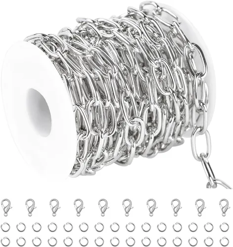 Vista 14 de 10 metros collar con colgante de papel plateado en oro, cadena de eslabones de aluminio para hacer joyas, rollo de cadena con anillas abiertas