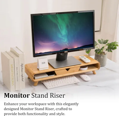 Vista 6 de Soporte de Monitor de Bambú Homerays, Elevador de Monitor sin Necesidad de Ensamblaje, Soporte de Monitor Exquisito con Cajón, Soporte de Monitor