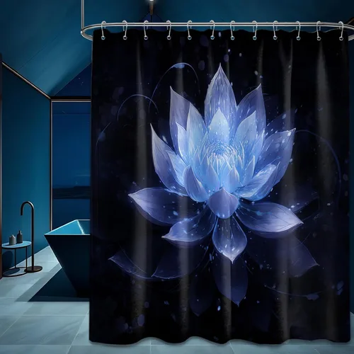 Vista 35 de Cortina de ducha con flores de loto negro y azul para decoración de baño, juego de cortinas decorativas de baño con estampado floral, tela