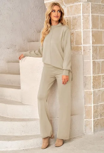 Vista 7 de Linsery Conjunto de 2 piezas para mujer, suéter de punto de cuello alto, pantalón de pierna ancha, conjunto de ropa de descanso