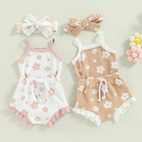Vista 2 de Mubineo Conjunto de 3 piezas para bebé niña, estilo bohemio, overol, pantalones cortos, diadema