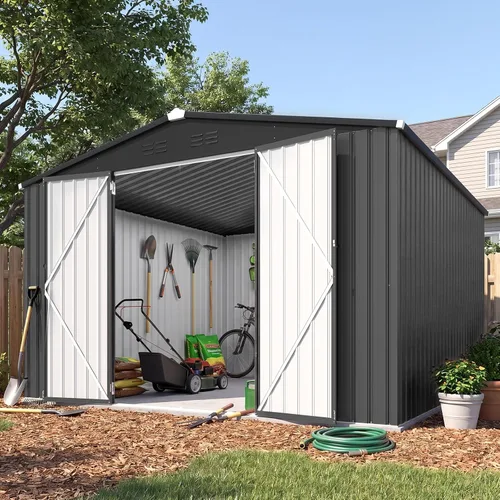 Vista 18 de AECOJOY Cobertizo de almacenamiento de metal para exteriores de 3 x 5 pies, cobertizo de herramientas de jardín resistente con puerta de gran