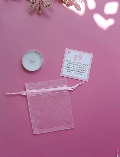 Vista 4 de Juego de 50 velas de té para recuerdos de fiesta de baby shower, recuerdos de bautizo para invitados, recuerdos de revelación de género de niña, Rosa