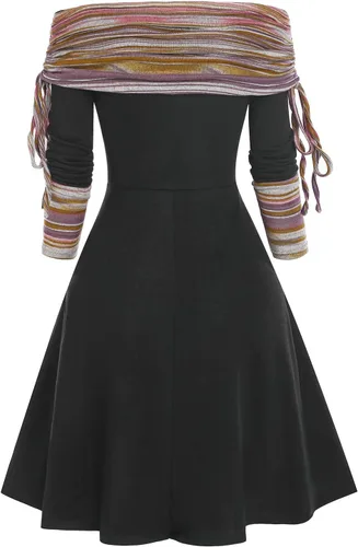 Vista 2 de DRESSFO Vestido de suéter de punto para mujer, con hombros descubiertos, estilo bohemio, étnico, retazos, ceñido, de manga larga, vestido acampanado
