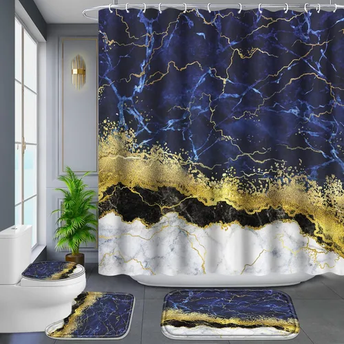 Vista 10 de Poedist Juego de 4 cortinas de ducha de baño, juegos de baño con alfombras (tapete de baño, forma de U y tapa de inodoro) y 12 ganchos, mármol