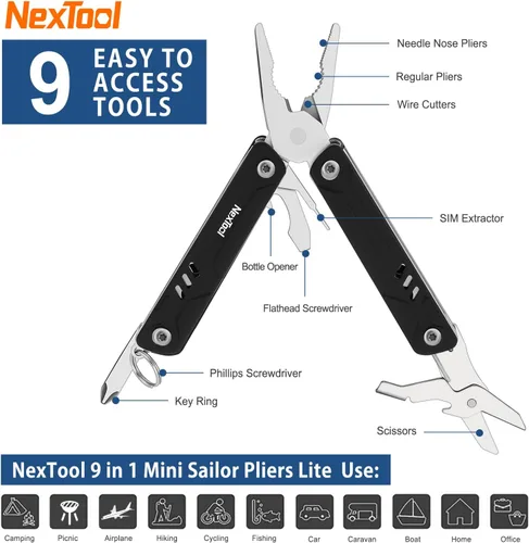Vista 7 de NexTool Mini multiherramienta - Llavero 9 en 1 multiherramienta con alicates de punta de aguja, tijeras, extractor SIM y destornilladores