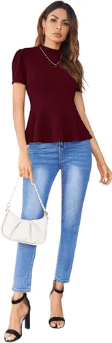 Vista 5 de SweatyRocks Elegante blusa de manga corta con cuello alto y péplum elástica para mujer