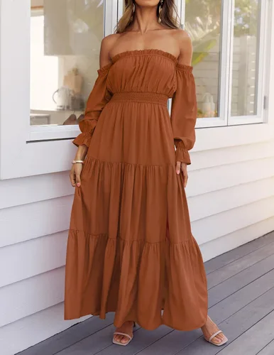 Vista 126 de ZESICA - Vestido largo, bohemio y sexy, con hombros descubiertos y manga larga fruncida, con elástico fruncido, cintura alta y abertura lateral