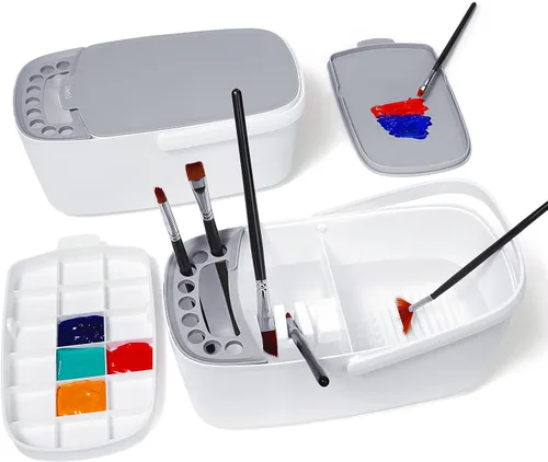 Vista 8 de GAMENOTE Limpiador de Pinceles de Pintura - Soporte de Pinceles con Paleta y Asa, Enjuagador para Pinturas Acrílicas, de Acuarela y a Base de Agua