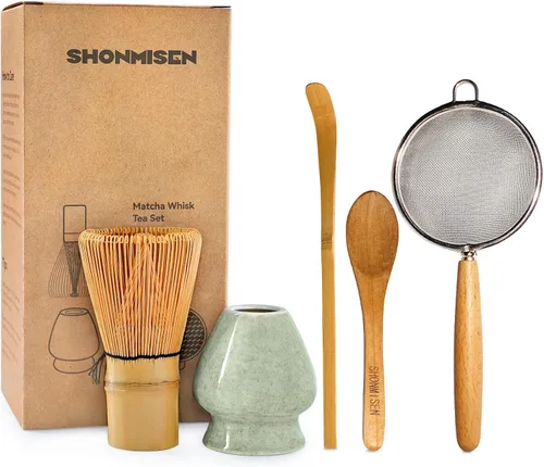 Vista 7 de SHONMISEN Juego de Batidor de Bambú Matcha - Batidor de Matcha (Chasen), Soporte para Batidor (Blanco), Colador, Cuchara para Té y Cuchara de Té