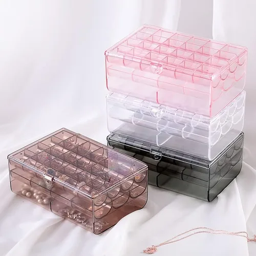 Vista 6 de Organizador de joyas de 2 capas para mujer organizador de aretes bandeja organizadora de viaje pequeña caja acrílica para pulseras aretes anillos