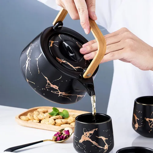 Vista 2 de ENJOHOS Juego de té de mármol negro para adultos con bandeja de madera, juego de tetera de cerámica (40 onzas) con 4 tazas de té de porcelana