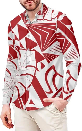 Vista 18 de Camisa de guayabera polinesia para hombre, patrón de Samoa Americana, vintage, cuello en V, manga larga, hawaiana, camisas de vestir para hombres