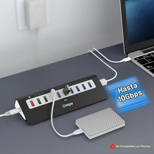 Vista 3 de Hub USB alimentado de 10 Gbps, concentrador USB 3.2 Gen 2 de 10 puertos con 7 puertos de datos USB 3.2, 3 puertos de carga rápida, adaptador