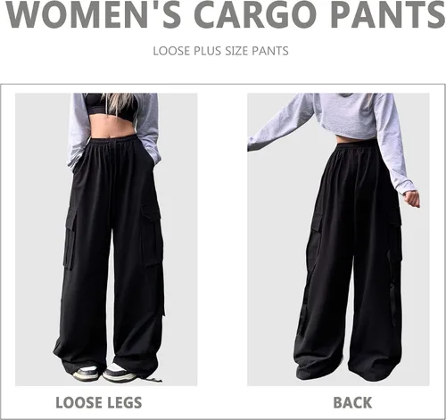 Vista 4 de Pantalones de mujer Y2k Cargo Gothic Baggy Pantalones de cintura alta Harajuku Streetwear Pantalones de paracaídas para hombre