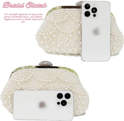 Vista 3 de Aovtero Bolso de mano de perlas para mujer, bolso de noche formal con cuentas completas con cadena