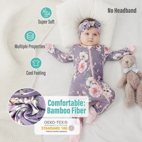Vista 4 de OPAWO Pijama de viscosa de bambú para niña, paquete de 2 mitones, cierre de 2 vías, suave sin pies, mameluco de una pieza