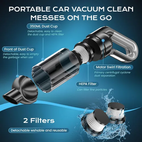 Vista 6 de Aspiradora de mano inalámbrica, aspiradora portátil para automóvil con luz LED, aspiradora pequeña recargable con potente succión, aspiradora ligera