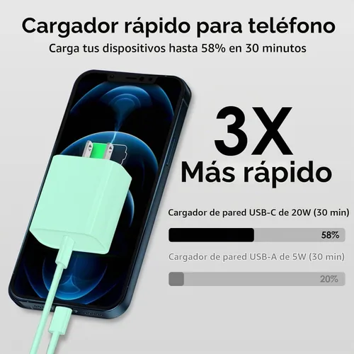 Vista 4 de Cargador Tipo C de 10 pies, Paquete de 2, Bloque Cargador USB C de 20W con Cable de Carga Rápida para iPhone 14/14 Pro/13/13Pro Max/12/12 Pro
