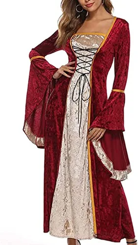 Vista 3 de Vestido medieval para mujer, disfraz estilo renacentista, de encaje, irlandés, largo, para cosplay, atuendo retro