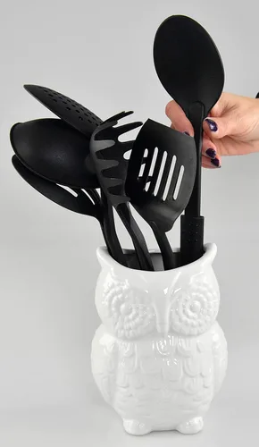 Vista 3 de Home-X Soporte para utensilios de cerámica con diseño de búho, organizador de cocina, organizador grande de utensilios para mostrador