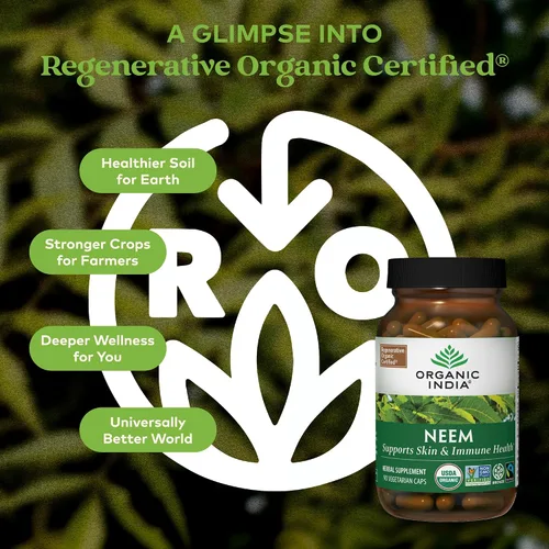 Vista 2 de Organic India Cápsulas de Hoja de Neem - Suplemento Herbal, Apoya la Salud de la Piel y del Sistema Inmunológico, Vegano, Sin Gluten, Certificado