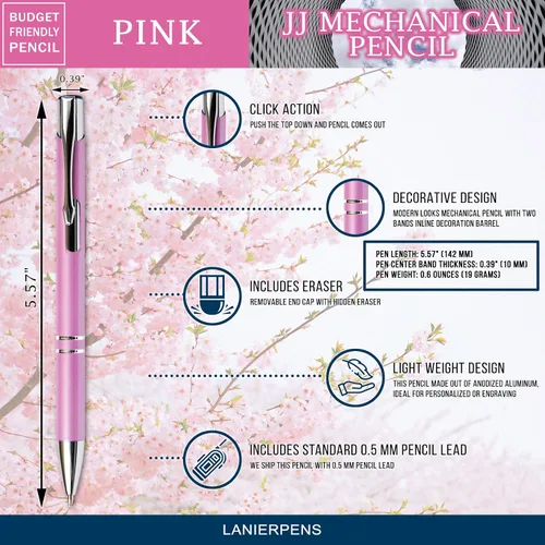 Vista 3 de Hermoso lápiz mecánico JJ rosa económico, repuesto de plomo estándar de 0.028 in, nombre grabado gratuito en lápiz, promociona tu negocio, anuncios
