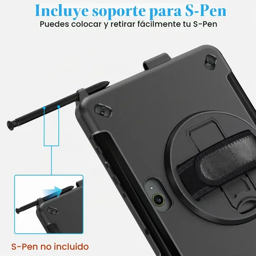Vista 7 de Funda para Galaxy Tab Active 5 Pro 2025/4 Pro 2022/2019 de 10.1 Pulgadas: TPU con Soporte - Protector de Pantalla - Correa de Mano - Correa de Negro