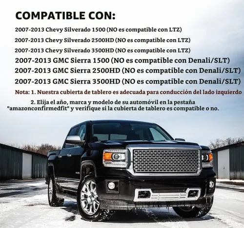 Vista 3 de Cubierta de tablero compatible con Chevy Chevrolet Silverado 1500 LT/WT 2500HD 3500HD 2007-2013, alfombra de tablero de GMC Sierra 2007-2013