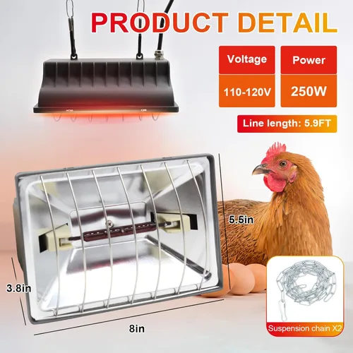 Vista 7 de Lámpara de calentador de gallinero de 250 W, lámpara de calor colgante de invierno para pollos incubadoras de pollos incubadoras de temperatura