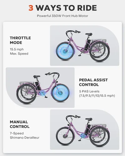 Vista 5 de VIRIBUS Triciclo eléctrico para adultos, triciclo eléctrico de 24 26 pulgadas con batería extraíble de 468 Wh, 250 W/350 W (pico 500 W) bicicletas