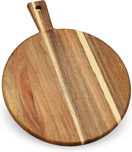 Vista 8 de Tabla de cortar de madera de acacia y tabla de cortar con mango para carne, tabla de queso, verduras, pan y embutidos – Tabla decorativa de madera