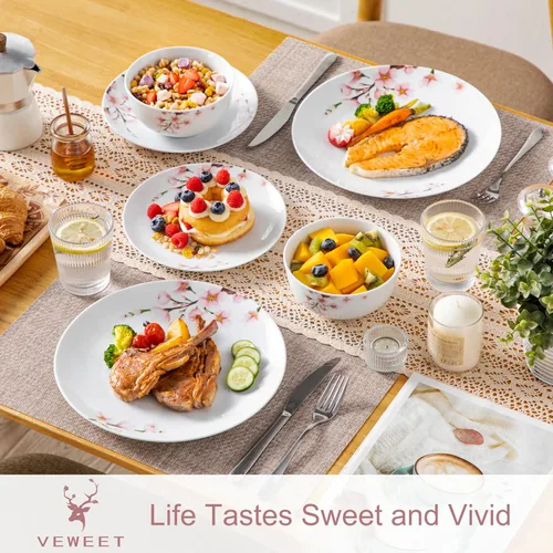 Vista 3 de VEWEET juego de vajilla de porcelana para 4, juego de 12 piezas con platos y cuencos con diseño floral rosa, juego de platos para la cocina ideal