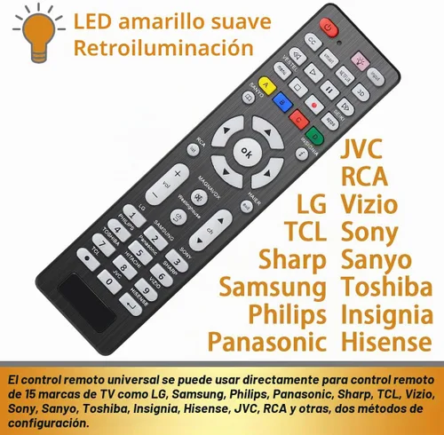 Vista 4 de Control remoto universal de TV con botón de iluminación compatible con LG, Samsung, Philips, Panasonic, Sharp TCL, Vizio, Sony, Sanyo, Toshiba