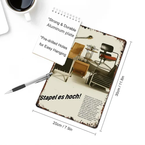 Vista 2 de Vintage Bauhaus Furniture Stack Metal Sign Funny Midcentury Modern Industrial Chair Poster Retro Bauhaus Home Aluminum 8x12inch-For Bathroom Living