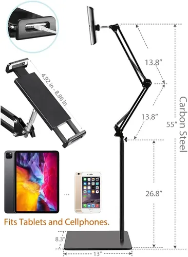Vista 6 de BluuSuuk Soporte para Tablet en Piso con Base de Doble Peso, Montura para Cama y Teléfono con Brazo Ajustable y Extensible, Compatible con iPad Mini
