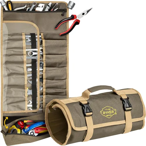 Vista 10 de The Ryker Bag Black Pro Tool Roll - Organizador de herramientas enrollable de lona resistente con bolsas desmontables para pernos, dados y pequeñas