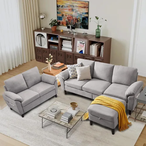 Vista 4 de Juego de sofá modular convertible de 3 piezas, sofá pequeño y moderno en forma de L, sofá de 3 plazas con diván reversible otomano y sofá biplaza